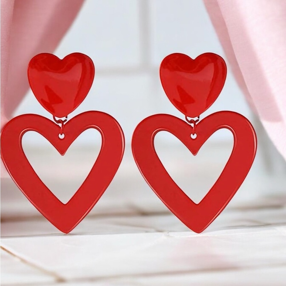 Acrylic Love Heart Dangle Drop Earrings for Women Red Heart (new)